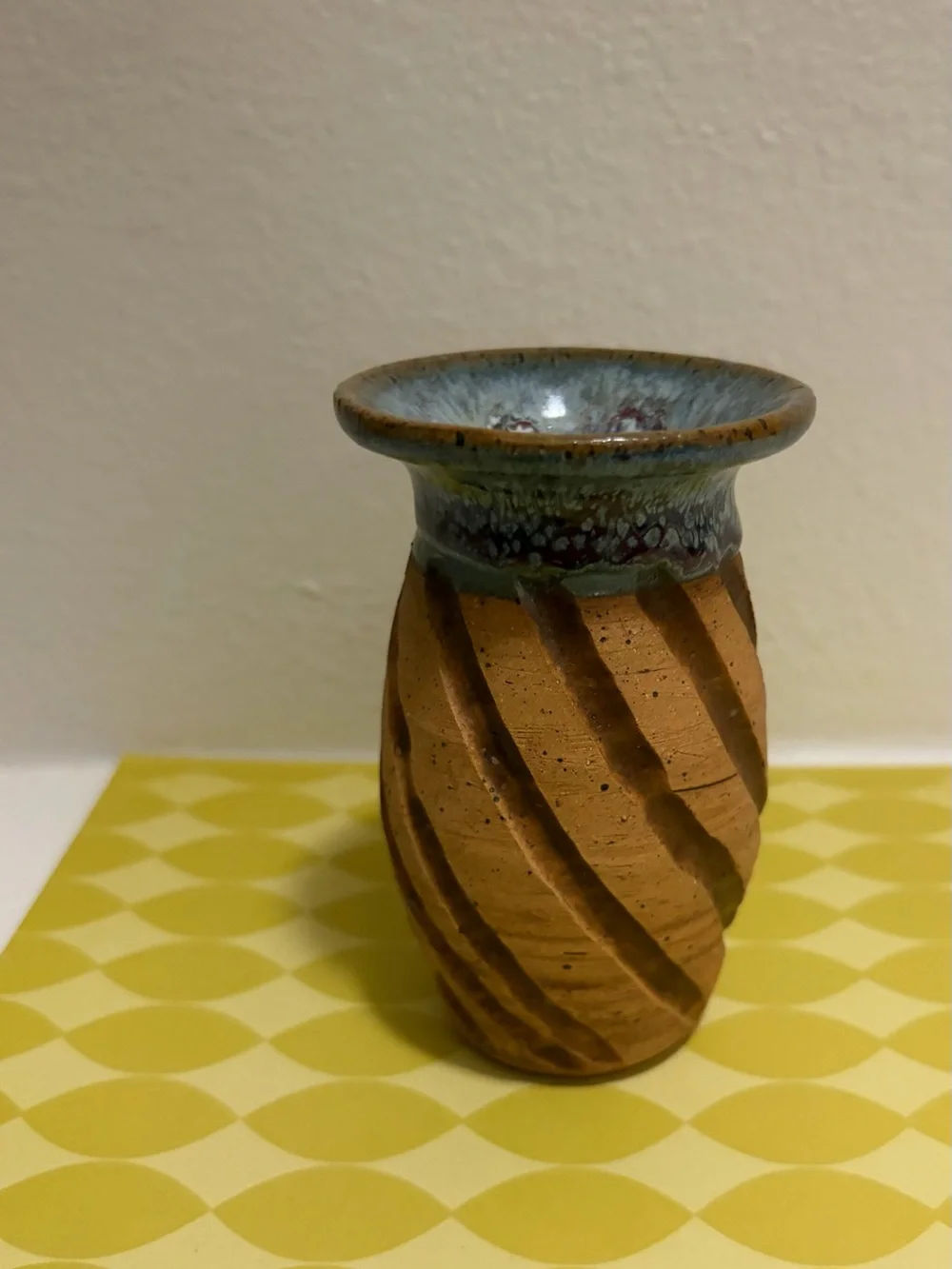 Handcrafted Studio 4.5” Pottery Bud Vase Carved Spiral Pattern Drip Glaze Rim